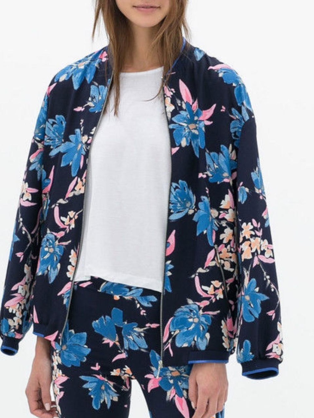 Zara TRF navy blue floral bomber jacket